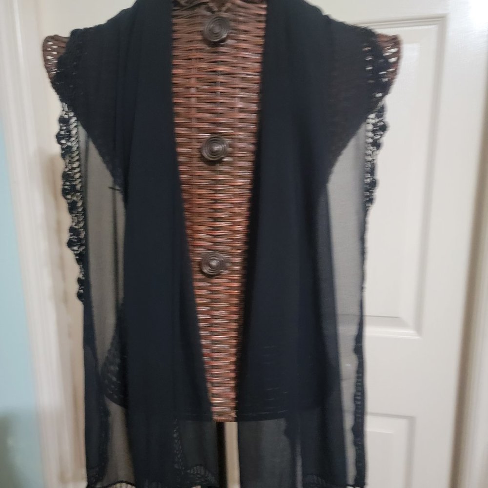 Large Black Shear Dress Scarf with Crotched Edges and Fringe